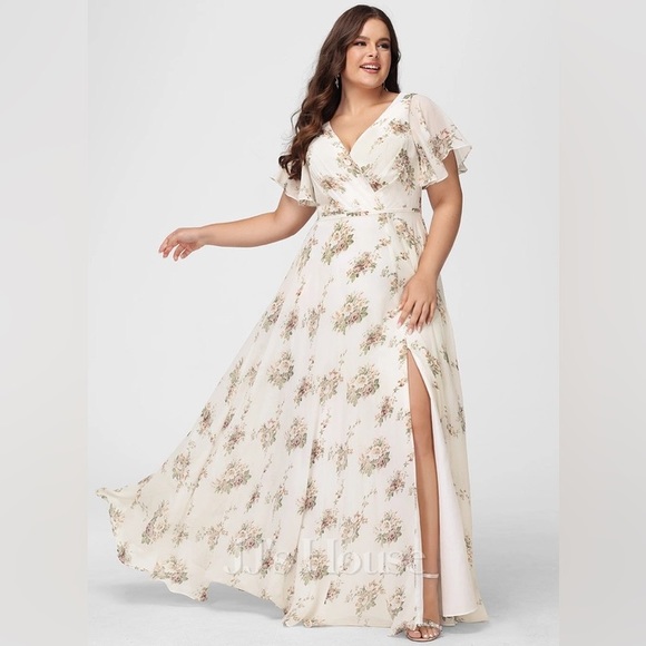 A-line V-Neck Floor-Length Chiffon Dress With Flower - Picture 2 of 10